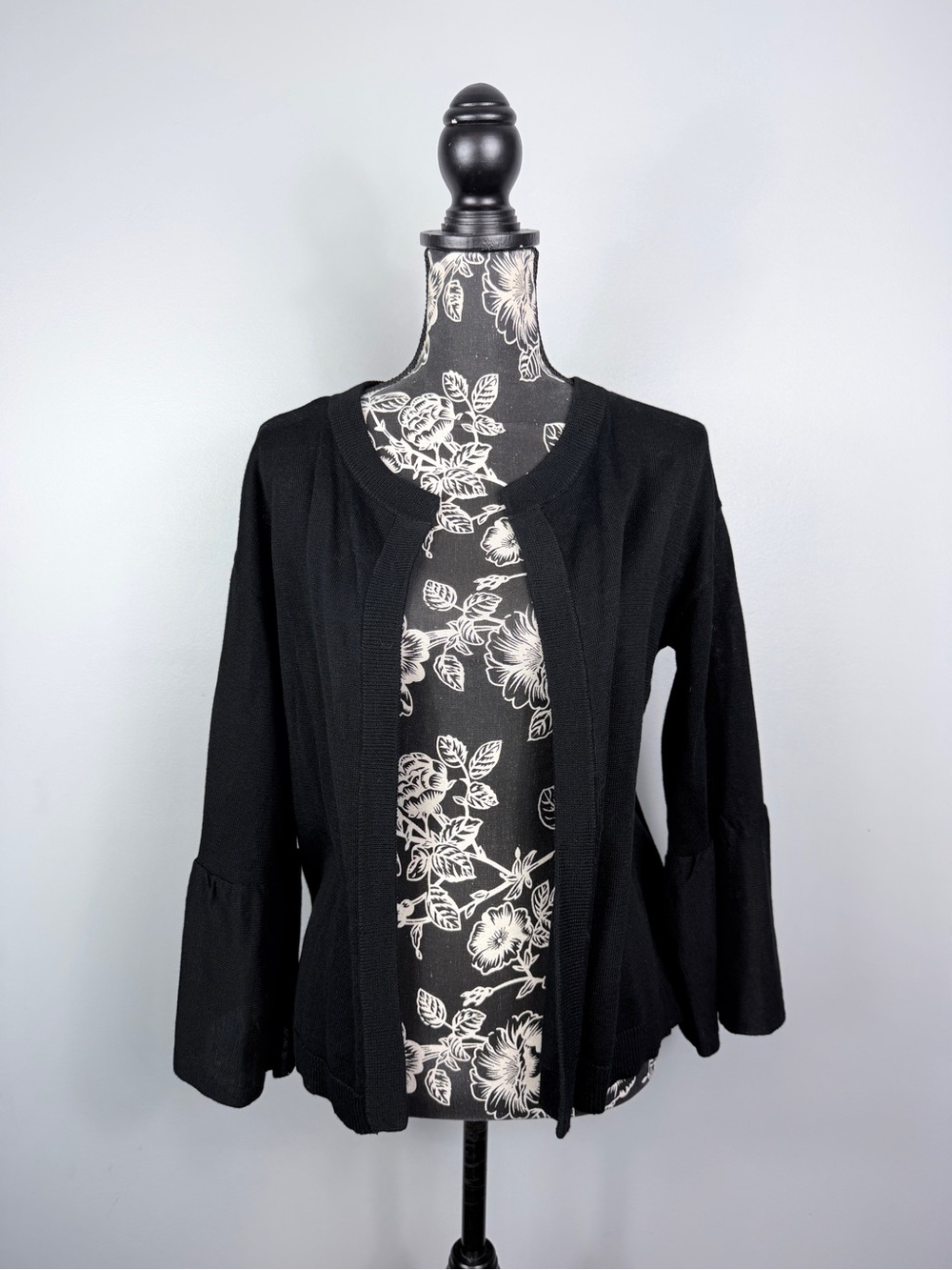 LOFT black knit quarter length bell sleeve open cardigan sweater size small